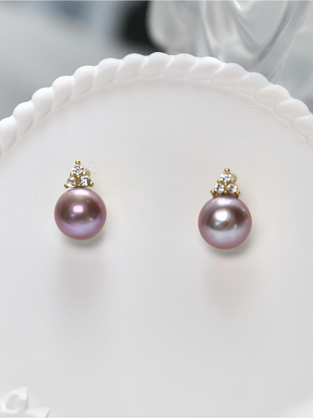 Purple Pearl Stud Earrings with Diamond Accents